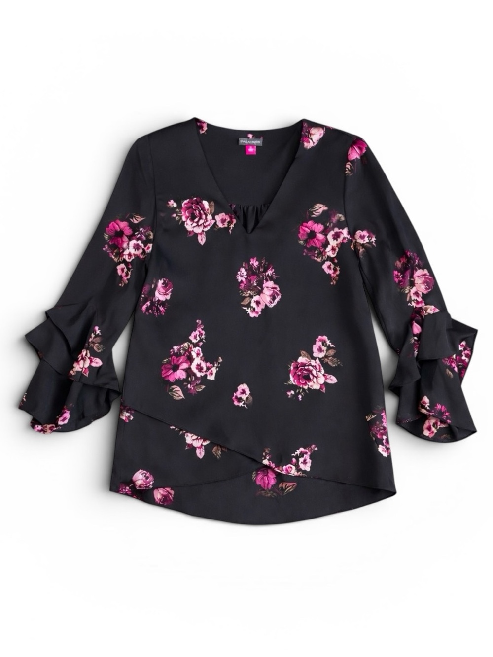 Vince Camuto Floral Blouse Ruffle Sleeve V-Neck Top Work Resort Black Pink XS